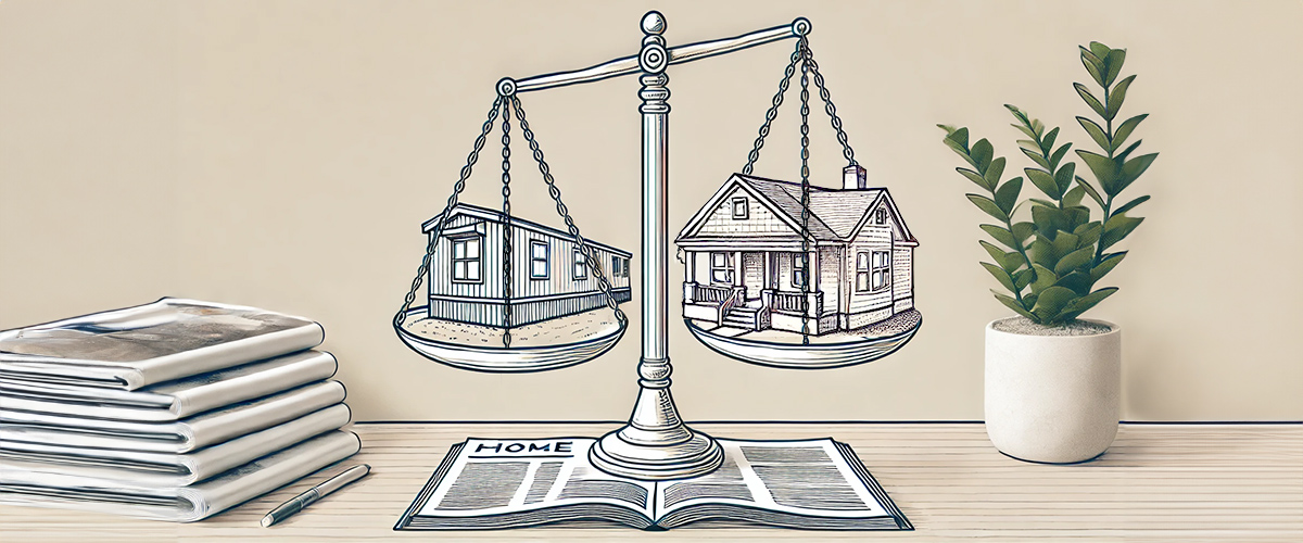 A balance scale comparing a manufactured home and a custom-built home, with the manufactured home on the lower side and the custom-built home on the higher side